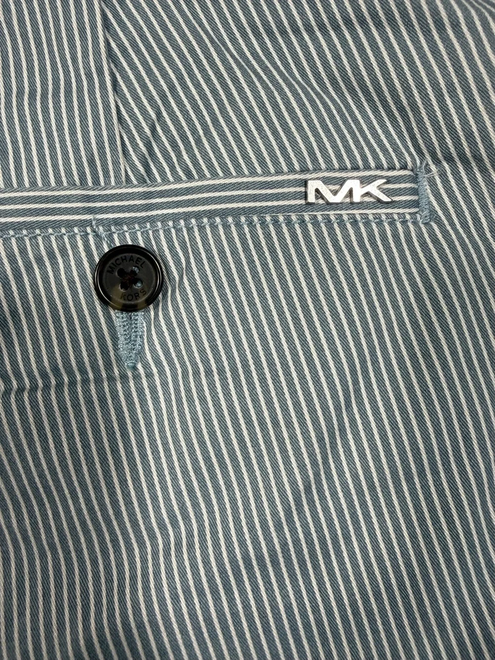 Michael Kors Men’s Light Blue and White Pinstripe Flat-Front Shorts